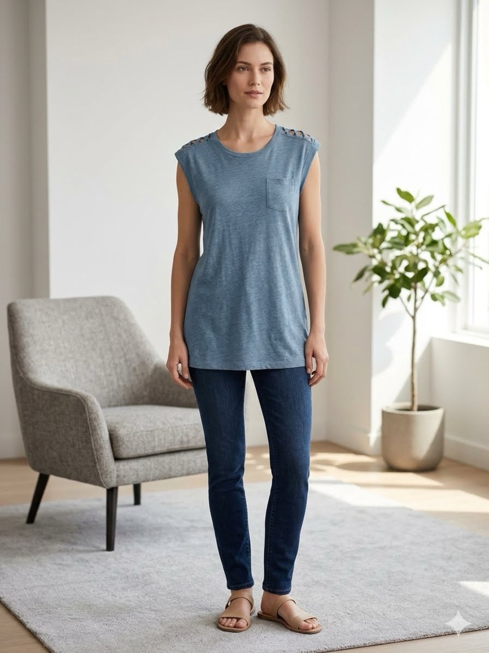 Chaser Blue Muscle Tee with Shoulder Button Detail